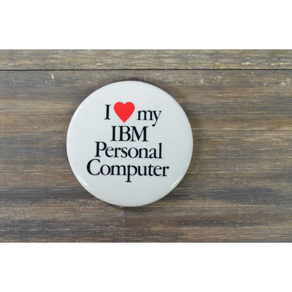 Love IBM Computer Pin Promo Button I Heart Personal Vintage Bag Lapel Gear